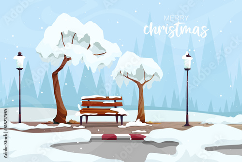 andscape Snow covered tree and wooden bench with street lamp.