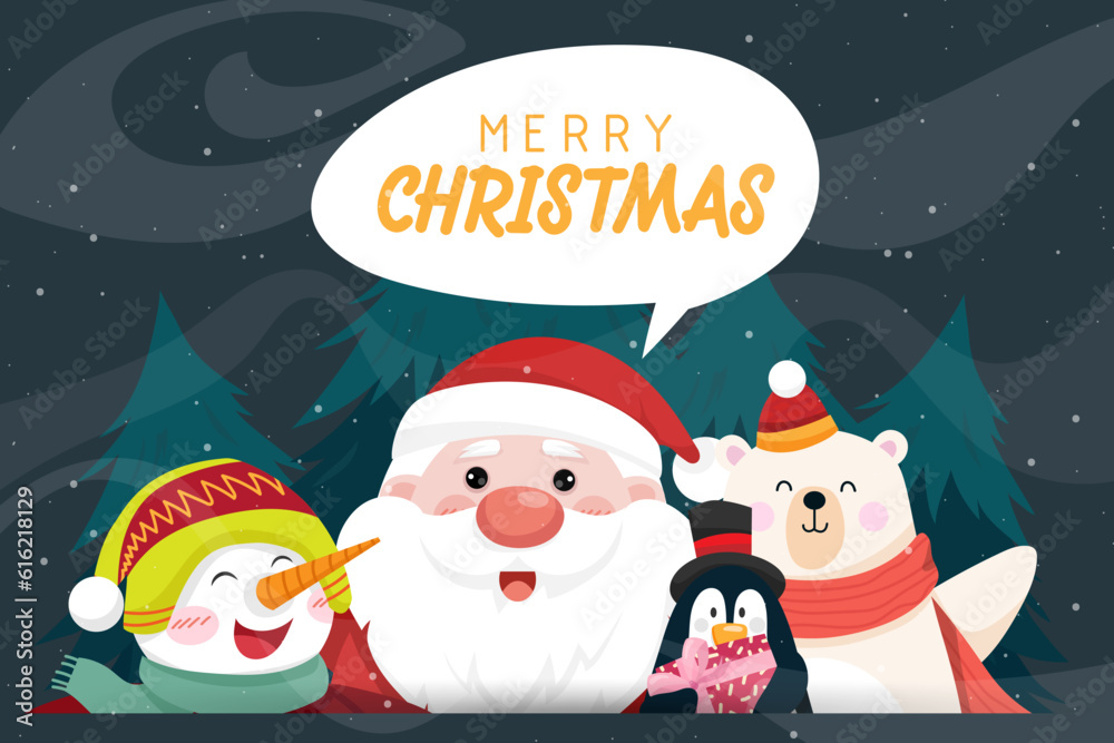 Merry christmas card with santa claus and friends Merry christmas card with santa claus and friends