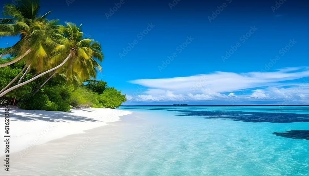 Landscape of beautiful transparent turquoise water beach, white sand and tropical green and coconut tree. Undiscovered island. Generative AI technology.