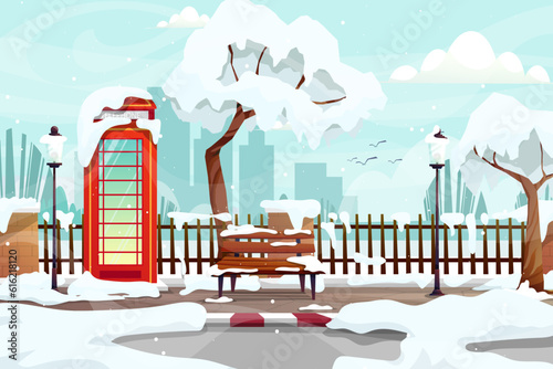 Outdoors nature park in town covered with snow in winter.