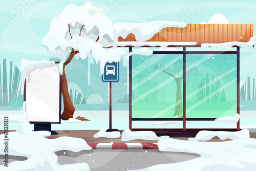 Bus stop with snow in winter day