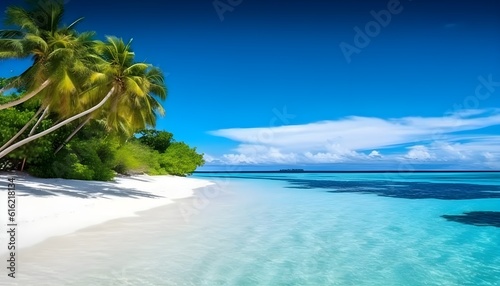 Landscape of beautiful transparent turquoise water beach, white sand and tropical green and coconut tree. Undiscovered island. Generative AI technology.