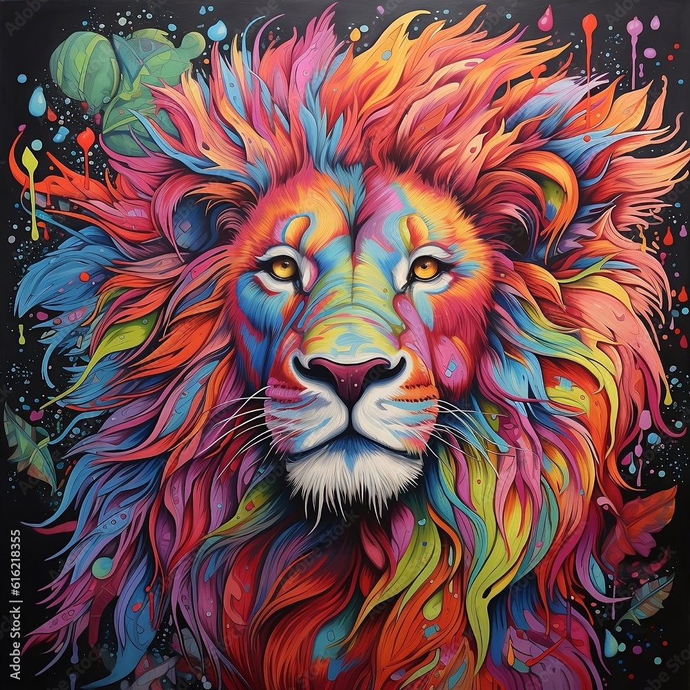 Colourful painting of a lion's head using multiple colours, generative AI