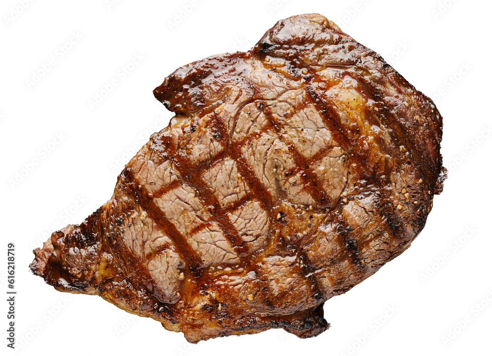 grilled ribeye steak on transparent background shot from overhead view
