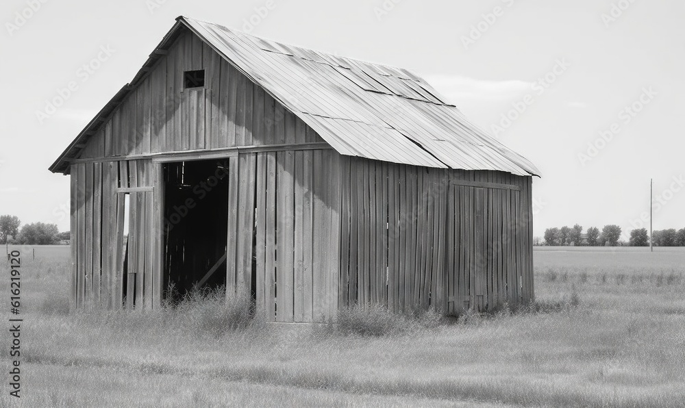 a barn in a field with a metal roof and a tin roof on it's roof is shown in black and white, with a grain field in the foreground. generative ai a barn in a field with a metal roof and a tin roof on it's roof is shown in black and white, with a grain field in the foreground. generative ai