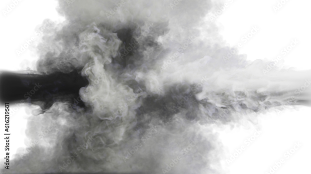 Fototapeta premium Puffs of black and grey smoke collide against a white background. 3d illustration. 