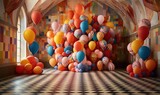  a room filled with lots of balloons and a checkered floor with a checkerboard pattern on the floor and a large amount of balloons floating in the air.  generative ai
