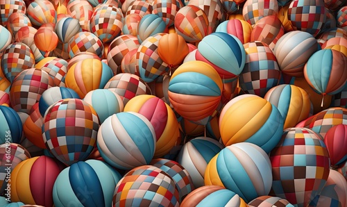  a large group of multicolored balloons in the air with a checkered pattern on them, all of which are floating in the same direction. generative ai