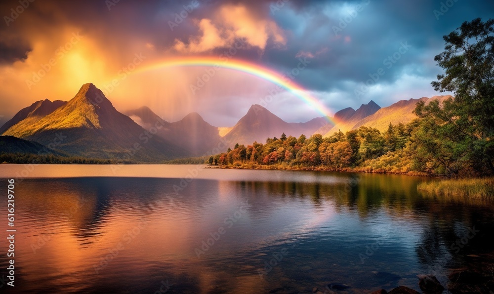 a rainbow over a lake with mountains in the background and a rainbow in the sky over the water with trees and bushes in the foreground.  generative ai