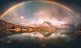  a rainbow over a mountain lake with a rainbow in the sky above it and a rainbow in the sky above the water and a rainbow in the water.  generative ai