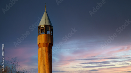  Horizontal photo for Islamic days. Mosque minaret . Empty text space for stories, posts.