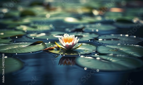  a white and yellow water lily floating on top of a pond of water lilies with green leaves on the bottom of the water and a blue sky background. generative ai