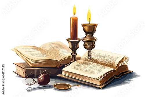 Old book and candles book in the background vector art illustration.