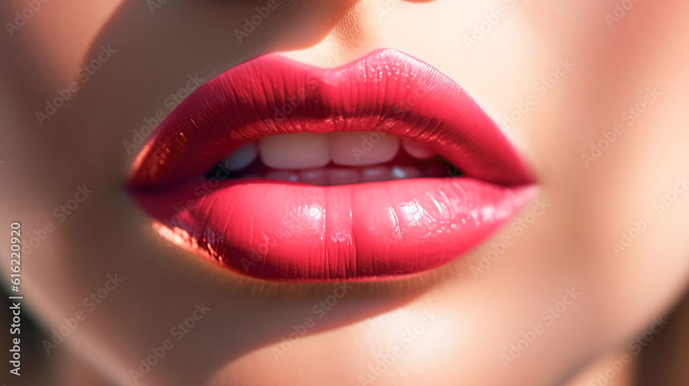 Beautiful full lips with glossy makeup, barbicor style makeup. Pink glitter lipstick. Close-up of sexy natural lips Beautiful full lips with glossy makeup, barbicor style makeup. Pink glitter lipstick. Close-up of sexy natural lips