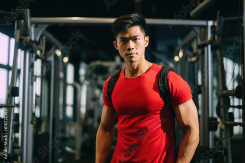 Asian man in bright sport clothes at the gym , AI Generated