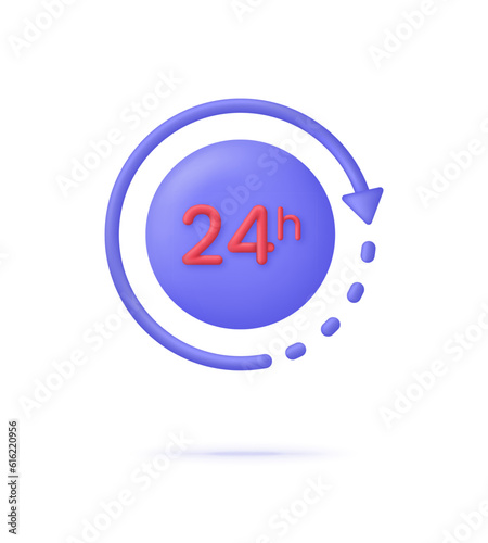 3D Clock icon. 24 hours. Passage of time. Time-keeping and measurement of time.