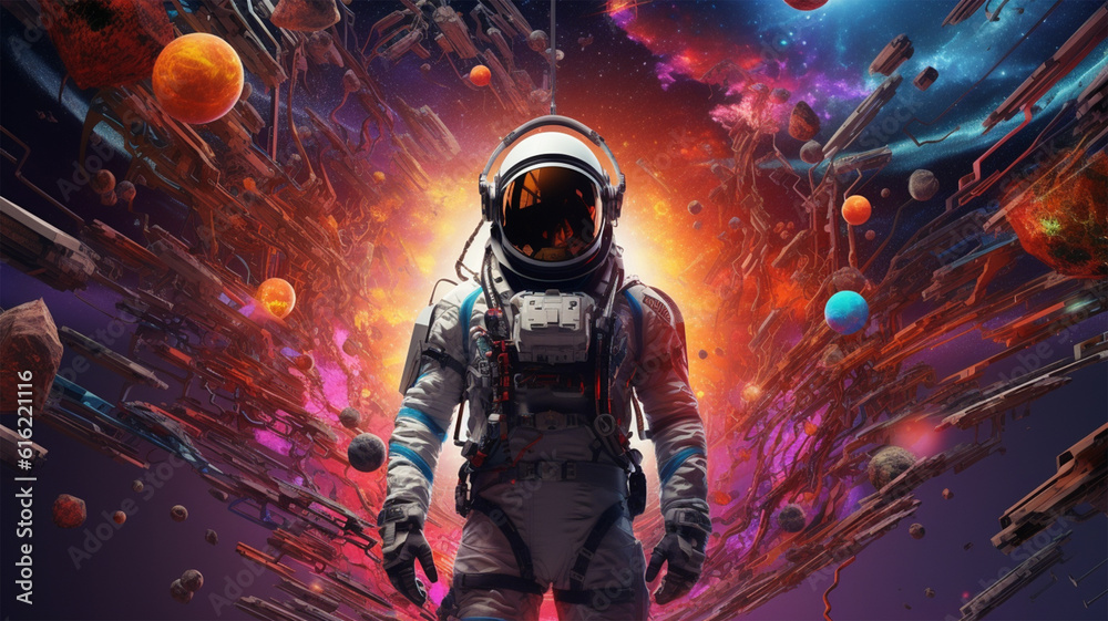Beautiful painting of an astronaut in a colorful galaxy on a different planet background, generative ai Beautiful painting of an astronaut in a colorful galaxy on a different planet background, generative ai