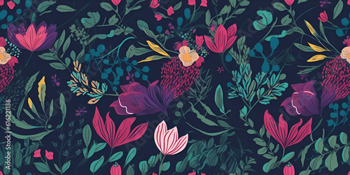 Floral pattern. Seamless pattern with decorative flowers and plants. AI generated