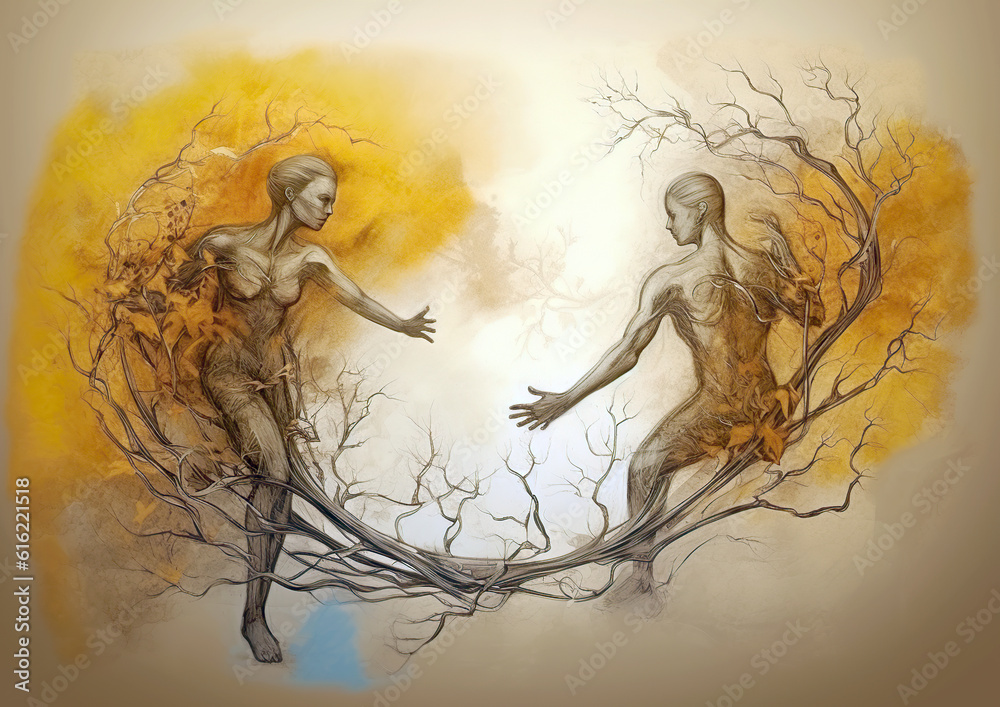 Male and female come from the same branch.This representation is a specific idea of belonging that can be traced back to Adam and Eve,who gave the roots to humanity.Concept of Adam and Eve.AI generate - obrazy, fototapety, plakaty 