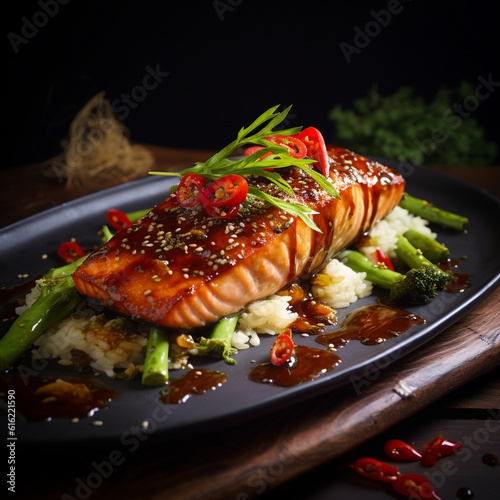 illustration of fried salmon meat with sauce