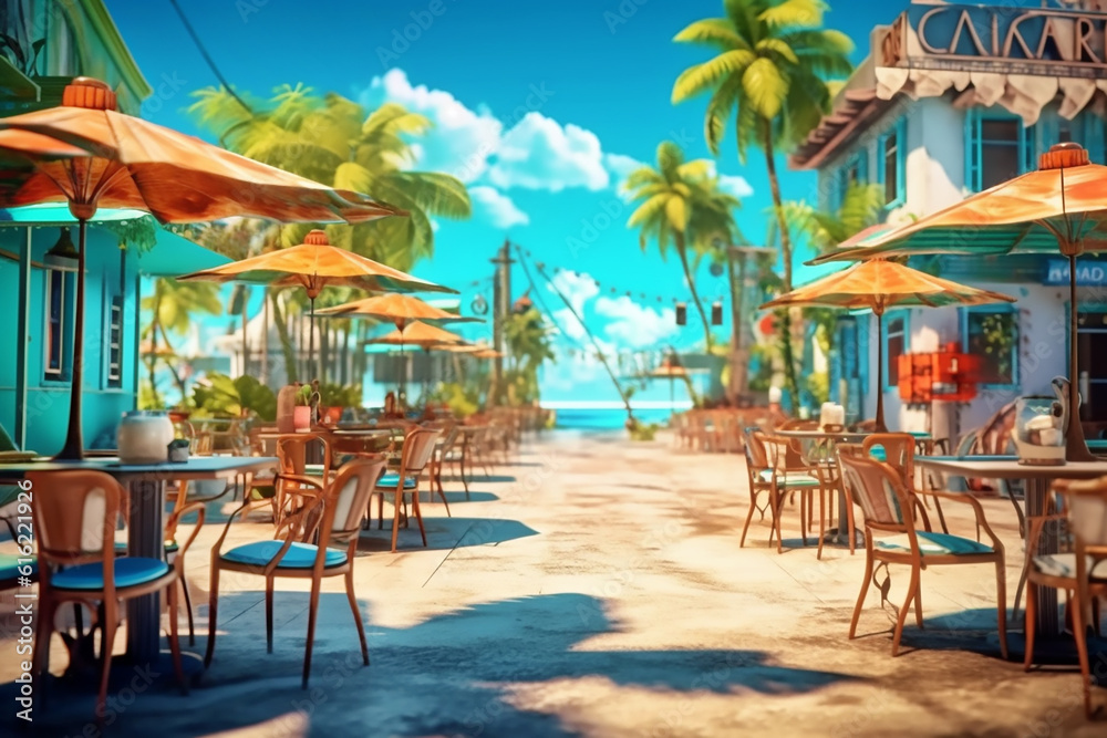 Picturesque seaside cafe on blue sky background. Generative AI