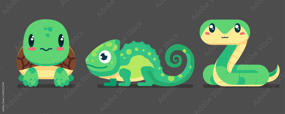 Fototapeta premium Set of cute wild animals, snake, chameleon, turtle, Safari jungle animals flat vector illustration 