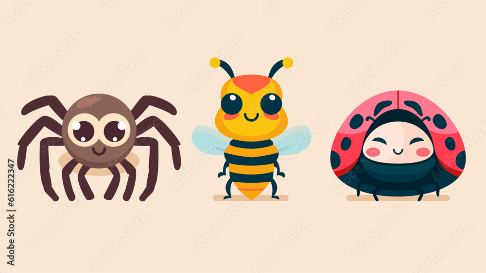 Set of cute wild animals, ladybug, wasp, bee, spider, Safari jungle animals flat vector illustration Set of cute wild animals, ladybug, wasp, bee, spider, Safari jungle animals flat vector illustration