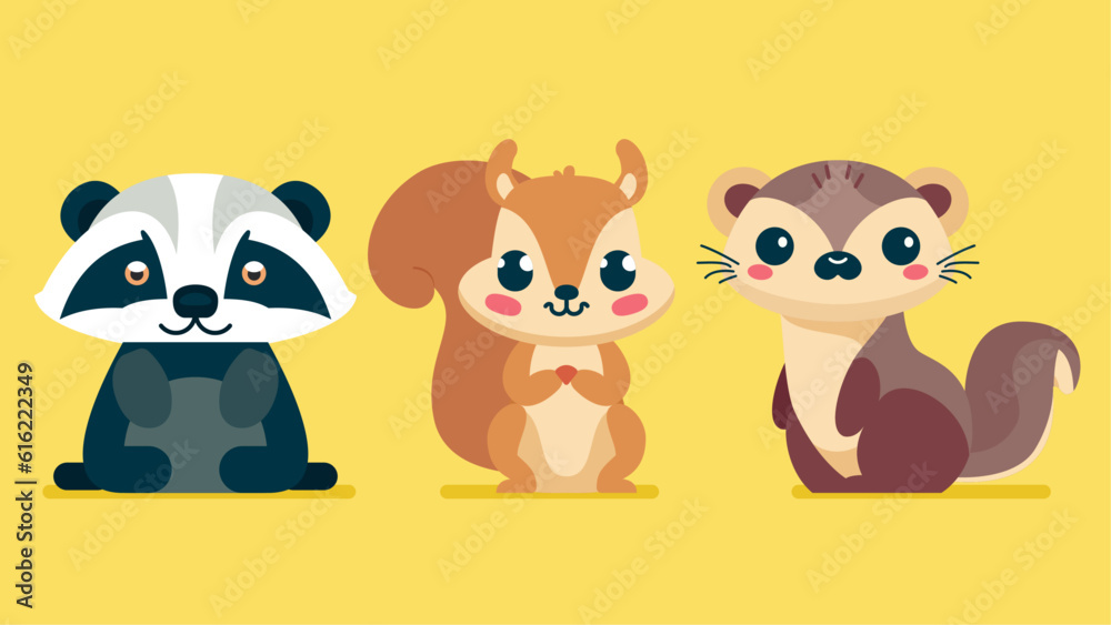 Set of cute wild animals, weasel, squirrel, raccoon, Safari jungle animals flat vector illustration Set of cute wild animals, weasel, squirrel, raccoon, Safari jungle animals flat vector illustration