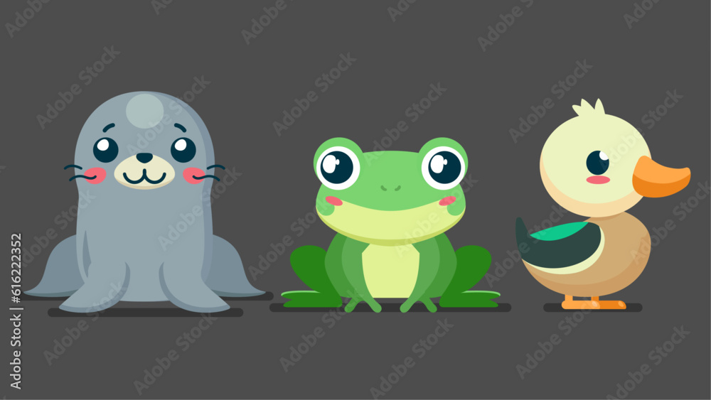 Set of cute wild animals, seal, frog, mallard duck, Safari jungle animals flat vector illustration Set of cute wild animals, seal, frog, mallard duck, Safari jungle animals flat vector illustration