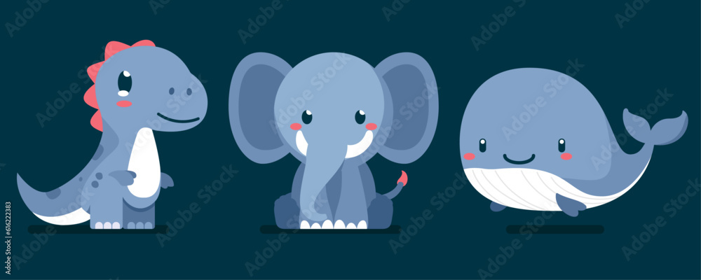 Set of cute wild animals, dinosaur, elephant, whale, Safari jungle animals flat vector illustration 