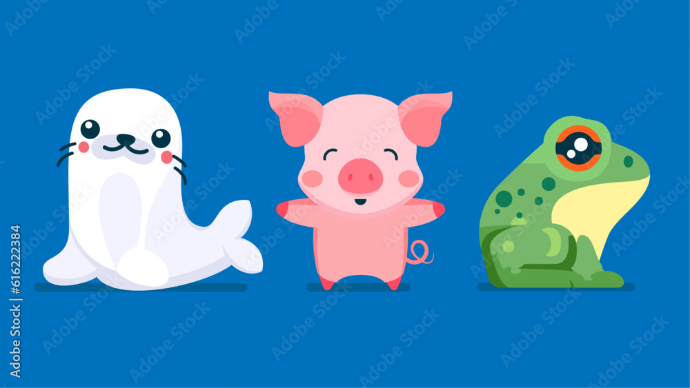 Set of cute wild animals, frog, pig, seal, Safari jungle animals flat vector illustration Set of cute wild animals, frog, pig, seal, Safari jungle animals flat vector illustration