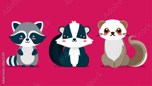Set of cute wild animals, weasel, raccoon, skunk, Safari jungle animals flat vector illustration 