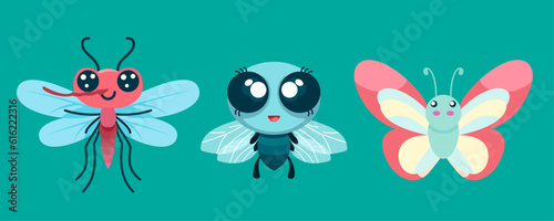 Set of cute wild animals  butterfly  fly  mosquito  Safari jungle animals flat vector illustration 