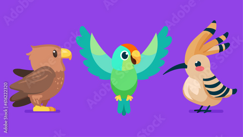 Set of cute wild animals, Hoopoe, parrot, hawk, eagle, Safari jungle animals flat vector illustration 