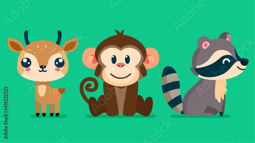 Set of cute wild animals  raccoon  monkey  gazelle  Safari jungle animals flat vector illustration 