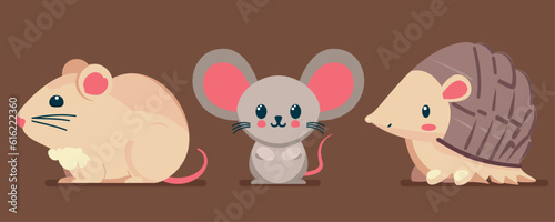 Photography Set of cute wild animals, Armadillo, mouse, hamster, Safari jungle animals flat