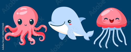 Photography Set of cute wild animals, jellyfish, dolphin, octopus, Safari jungle animals fla