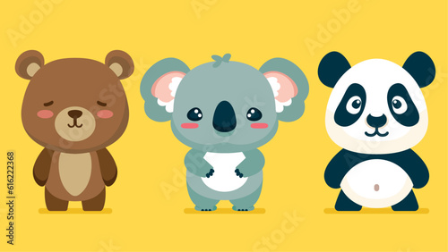 Set of cute wild animals, panda, koala, grizzled bear, Safari jungle animals flat vector illustration 