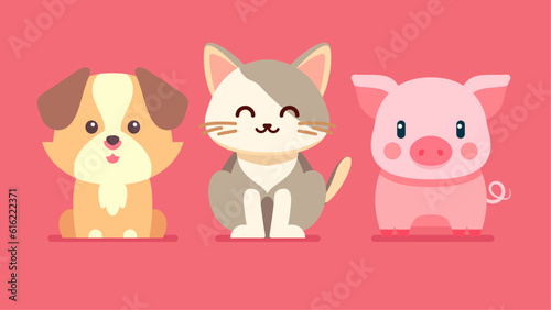 Canvas Print Set of cute wild animals, pig, cat, dog, Safari jungle animals flat vector illus