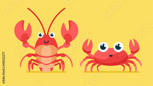Set of cute wild animals, crab, Safari jungle animals flat vector illustration 