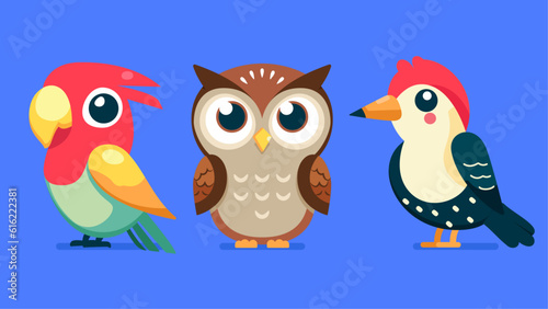 Set of cute wild animals  Woodpecker  owl  parrot  Safari jungle animals flat vector illustration 