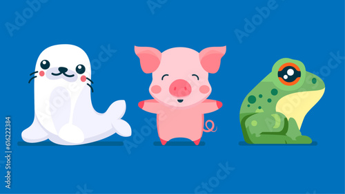Set of cute wild animals, frog, pig, seal, Safari jungle animals flat vector illustration 