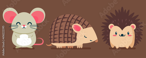 Set of cute wild animals, Hedgehog, Armadillo, mouse, hamster, Safari jungle animals flat vector illustration 