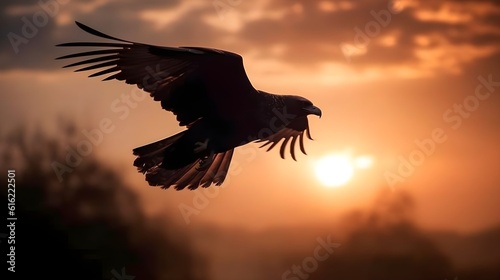 Golden eagle Aquila chrysaetos flying in the air with mountain and highland forest background evening sunset golden hour. Generative AI technology.