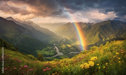  a rainbow in the sky over a valley with a river and mountains in the background with wildflowers and wildflowers in the foreground.  generative ai