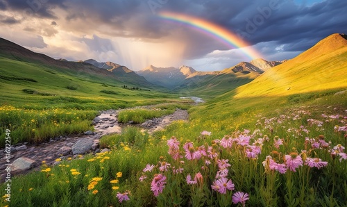  a rainbow shines in the sky over a valley with wildflowers and a stream in the foreground and a mountain range in the background. generative ai