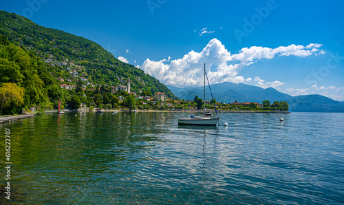 Cannero Riviera, Lake Maggiore. Panoramic view from the seafront of the old town. Piedmont, Italian Lakes, Italy, Europe photo