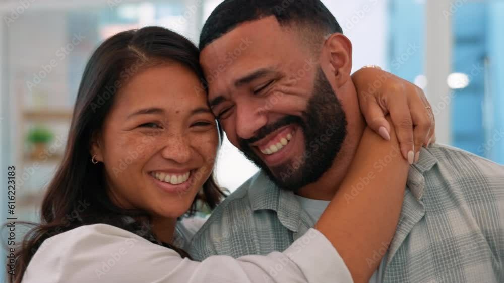 Laughing, face and a couple hug in a house for happiness, marriage and gratitude together. Smile, care and portrait of a man and woman in an embrace in a home apartment for romance, bonding and relax Laughing, face and a couple hug in a house for happiness, marriage and gratitude together. Smile, care and portrait of a man and woman in an embrace in a home apartment for romance, bonding and relax