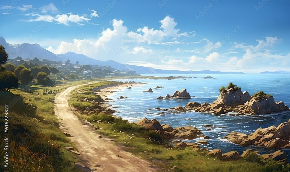  a painting of a dirt road near the ocean with a mountain in the distance and a body of water in the foreground with a few clouds in the sky.  generative ai