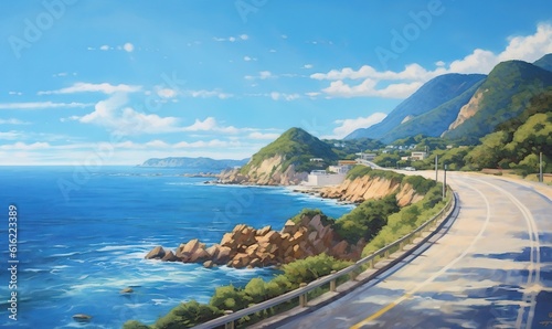  a painting of a road by the ocean with a mountain in the background and a blue sky with clouds above it and a blue sky with white clouds. generative ai